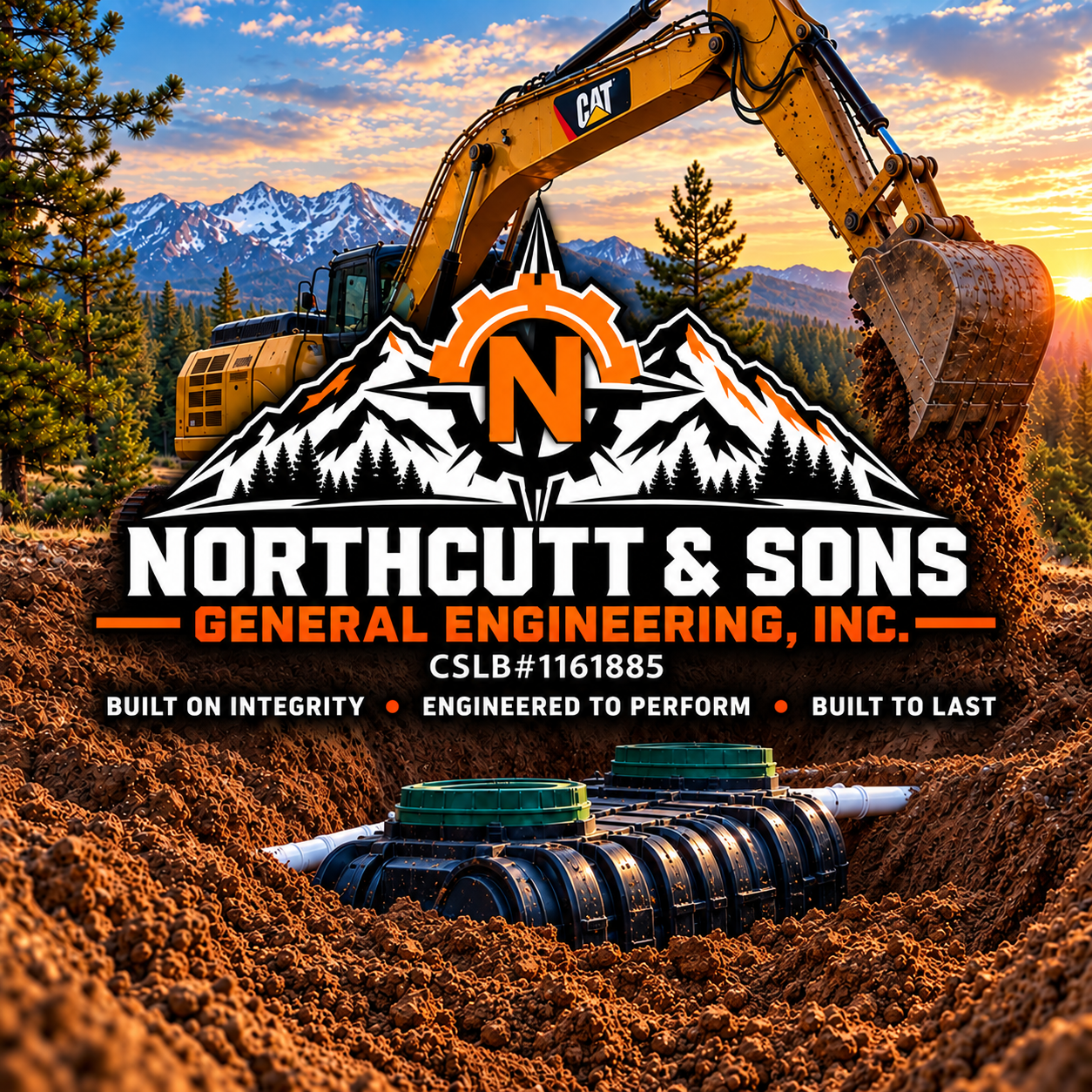 Northcutt and Sons General Engineering branding with excavator and mountain landscape